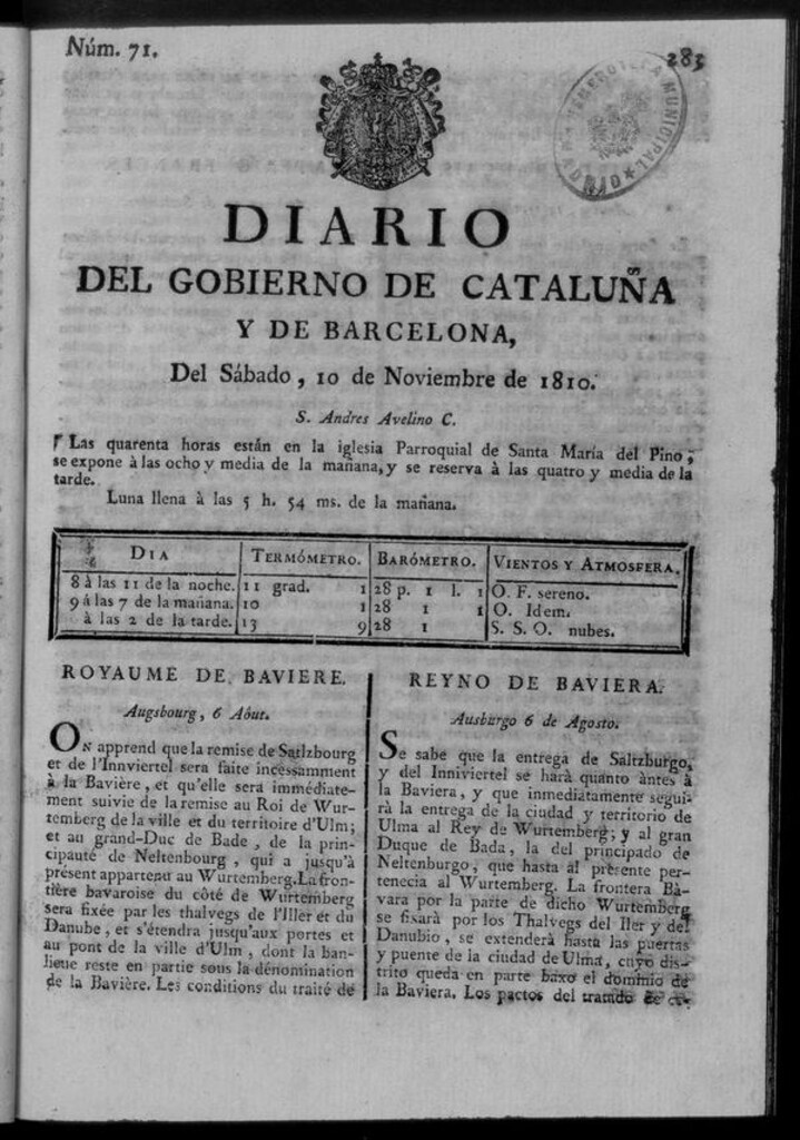 Miniatura de Diario de Barcelona del sábado 10 de noviembre de 1810