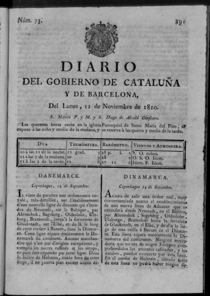 Miniatura de Diario de Barcelona del lunes 12 de noviembre de 1810