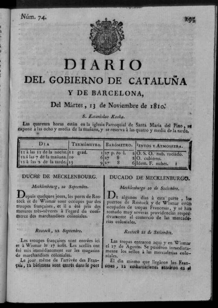 Miniatura de Diario de Barcelona del martes 13 de noviembre de 1810