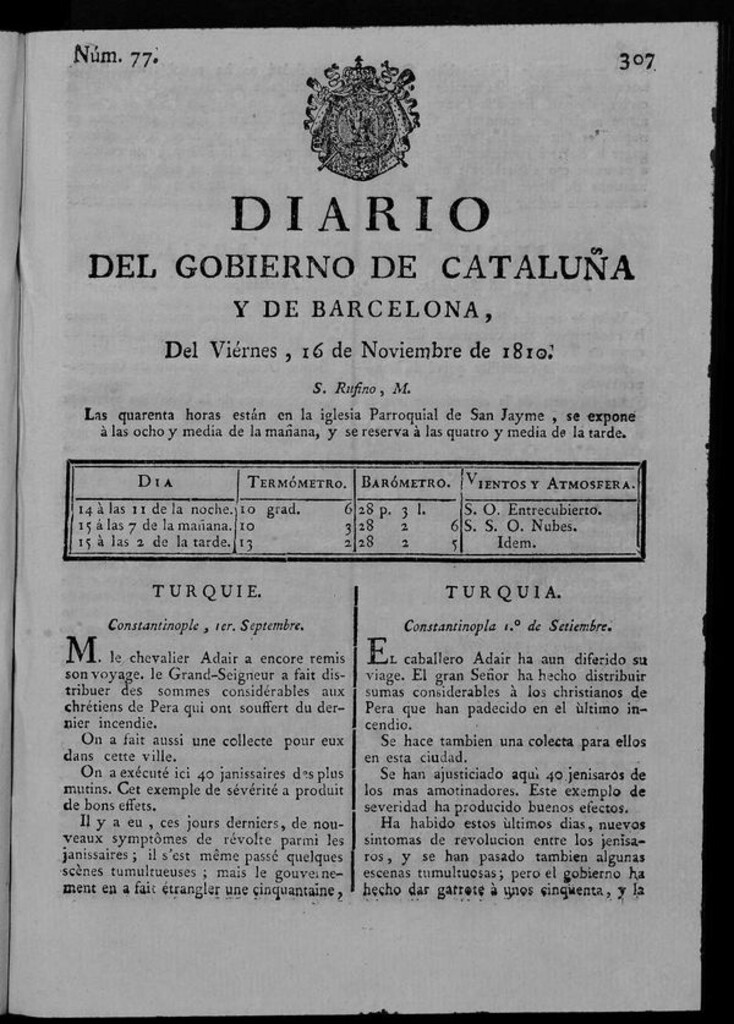 Miniatura de Diario de Barcelona del viernes 16 de noviembre de 1810