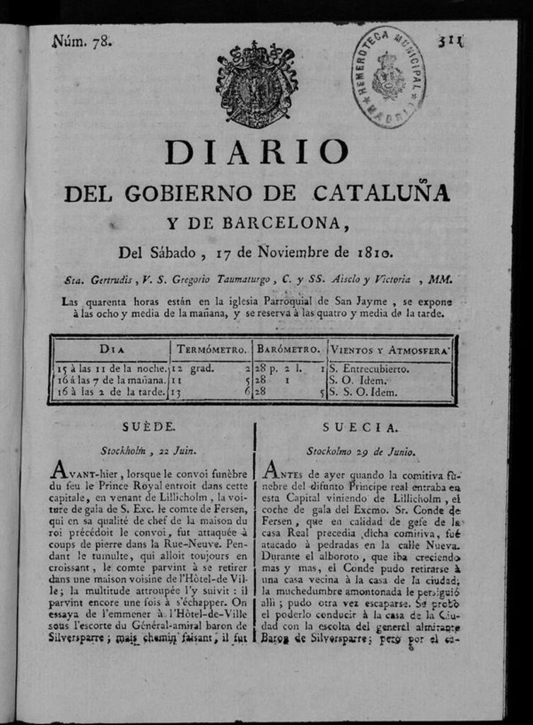 Miniatura de Diario de Barcelona del sábado 17 de noviembre de 1810