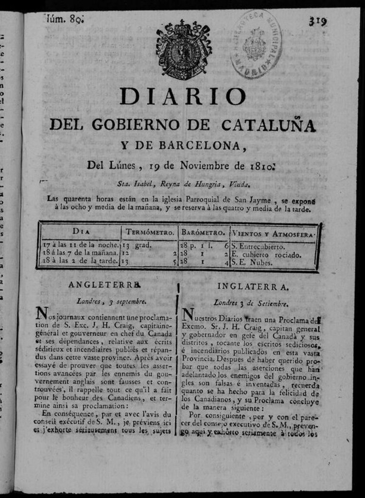 Miniatura de Diario de Barcelona del lunes 19 de noviembre de 1810