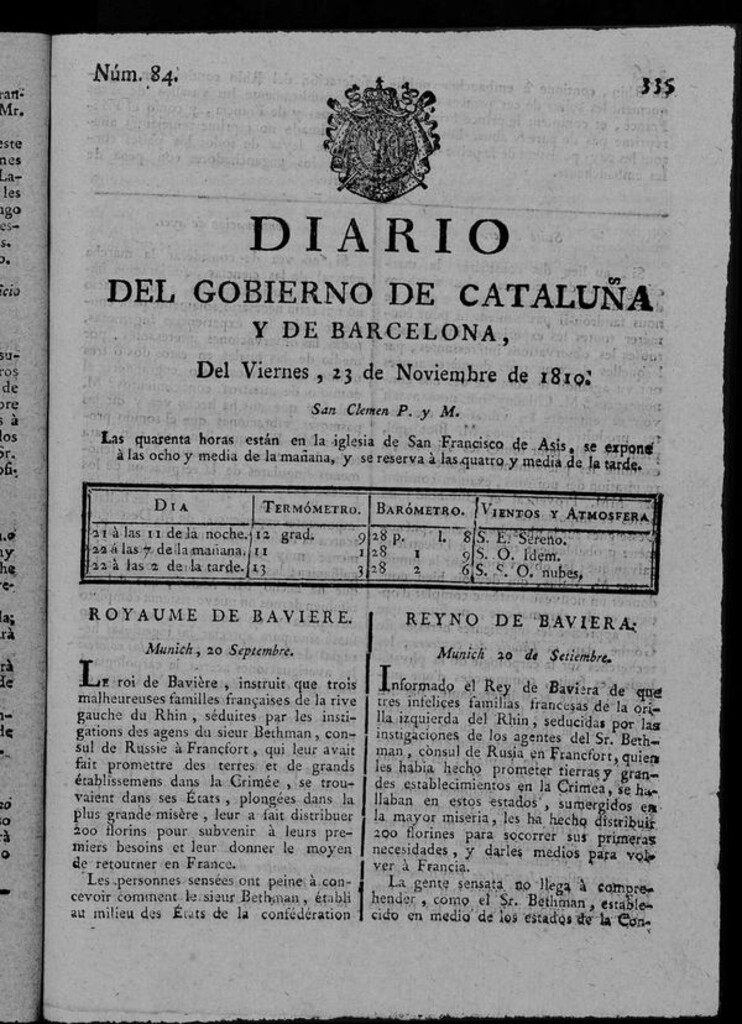 Miniatura de Diario de Barcelona del viernes 23 de noviembre de 1810