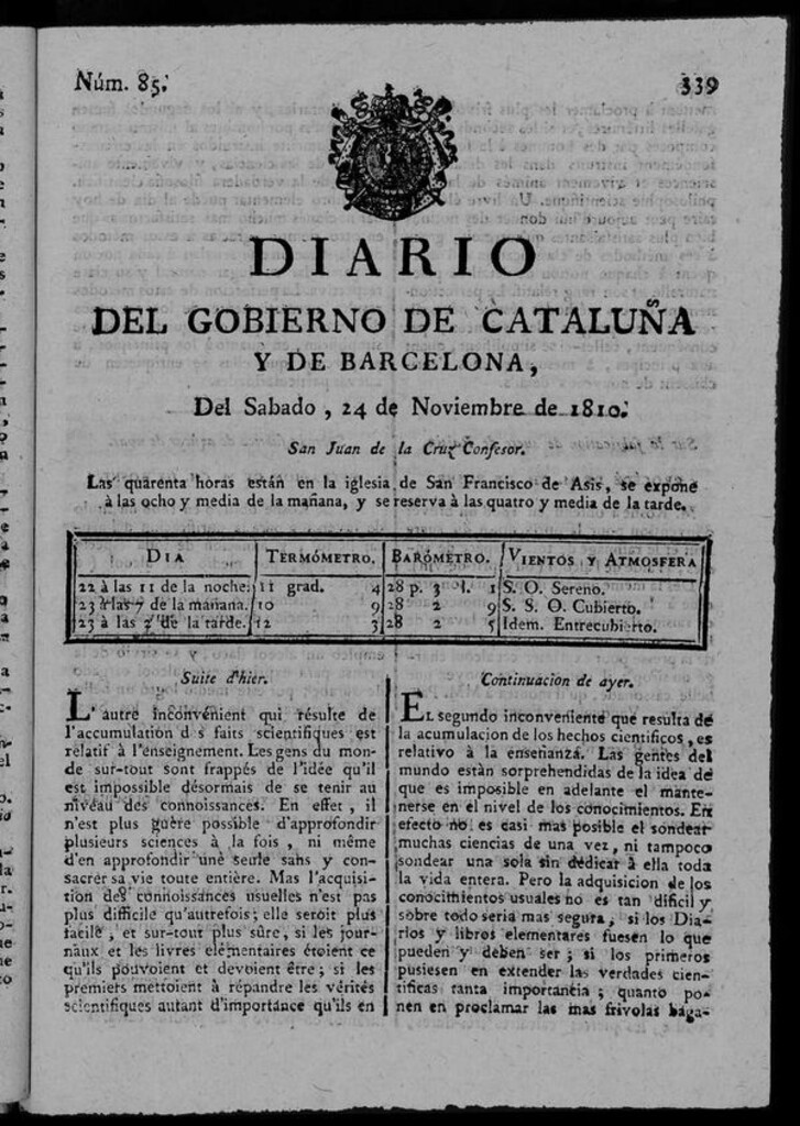 Miniatura de Diario de Barcelona del sábado 24 de noviembre de 1810