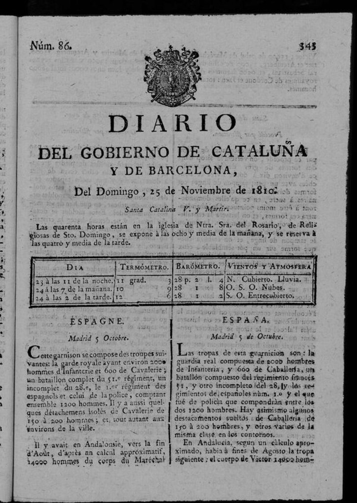 Miniatura de Diario de Barcelona del domingo 25 de noviembre de 1810