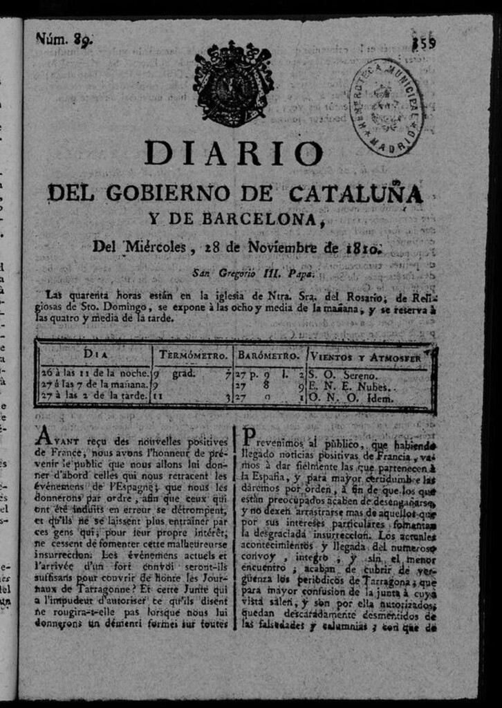 Miniatura de Diario de Barcelona del miércoles 28 de noviembre de 1810
