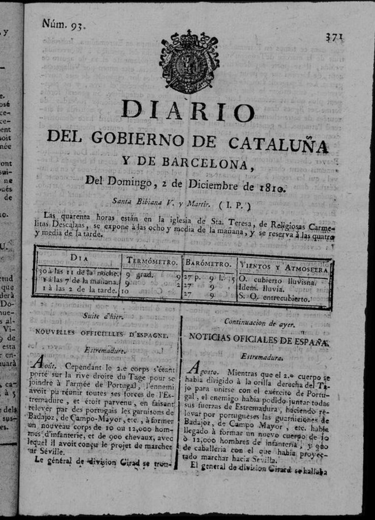 Miniatura de Diario de Barcelona del domingo 2 de diciembre de 1810