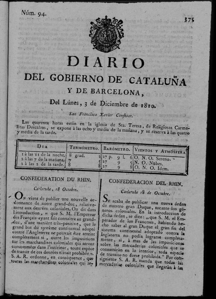 Miniatura de Diario de Barcelona del lunes 3 de diciembre de 1810