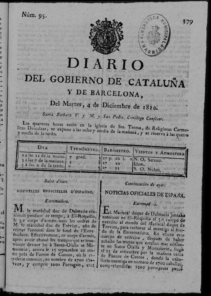 Miniatura de Diario de Barcelona del martes 4 de diciembre de 1810