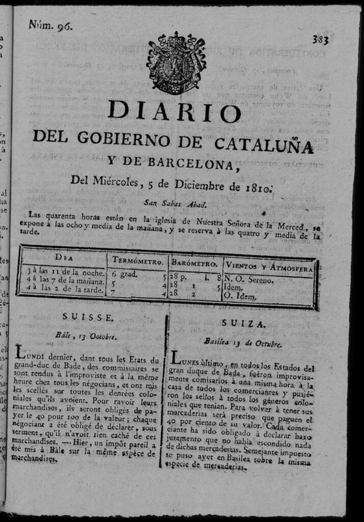 Miniatura de Diario de Barcelona del miércoles 5 de diciembre de 1810