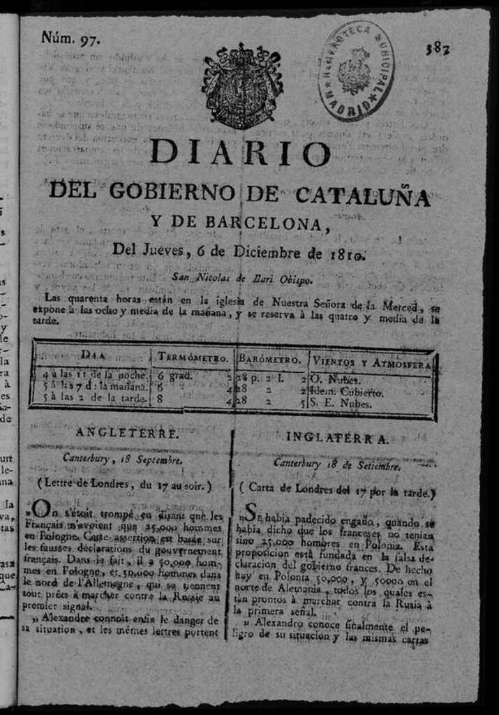 Miniatura de Diario de Barcelona del jueves 6 de diciembre de 1810