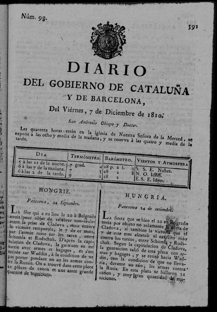 Miniatura de Diario de Barcelona del viernes 7 de diciembre de 1810