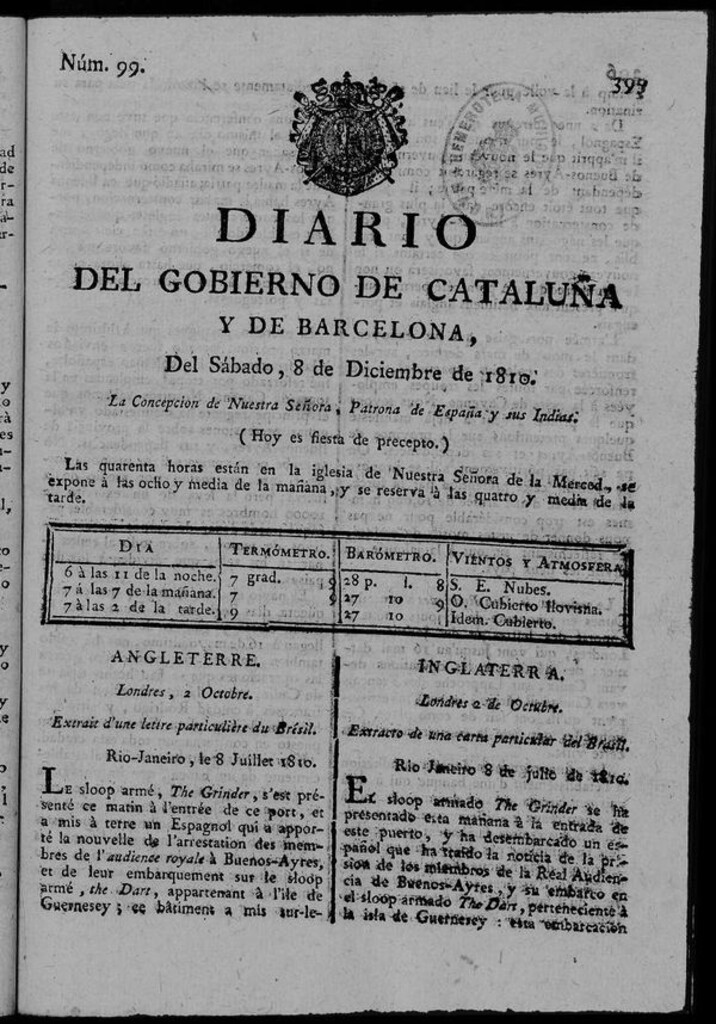 Miniatura de Diario de Barcelona del sábado 8 de diciembre de 1810