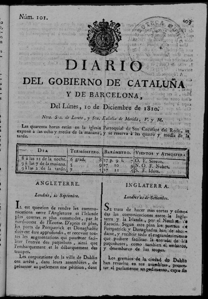 Miniatura de Diario de Barcelona del lunes 10 de diciembre de 1810