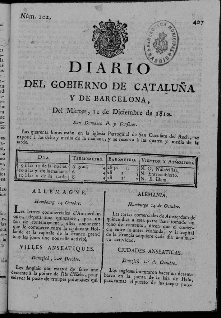 Miniatura de Diario de Barcelona del martes 11 de diciembre de 1810