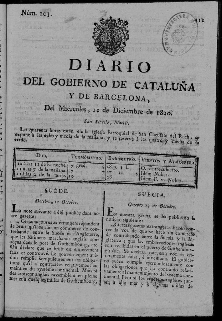 Miniatura de Diario de Barcelona del miércoles 12 de diciembre de 1810
