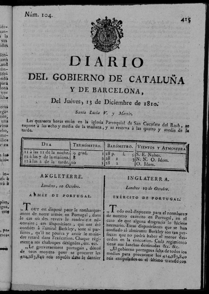 Miniatura de Diario de Barcelona del jueves 13 de diciembre de 1810