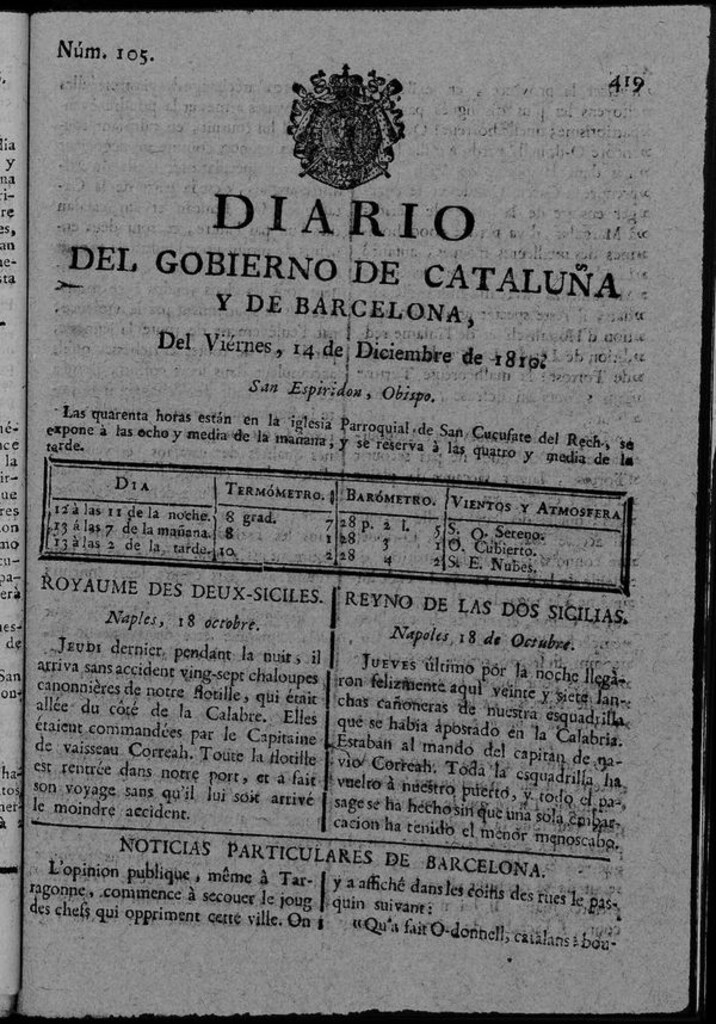 Miniatura de Diario de Barcelona del viernes 14 de diciembre de 1810