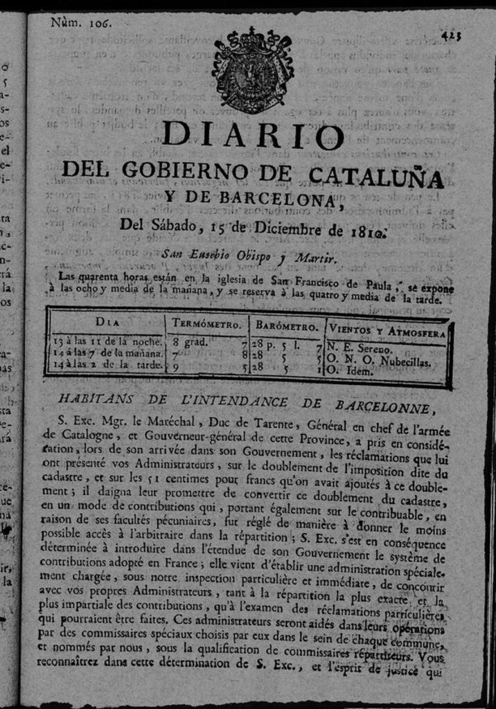 Miniatura de Diario de Barcelona del sábado 15 de diciembre de 1810