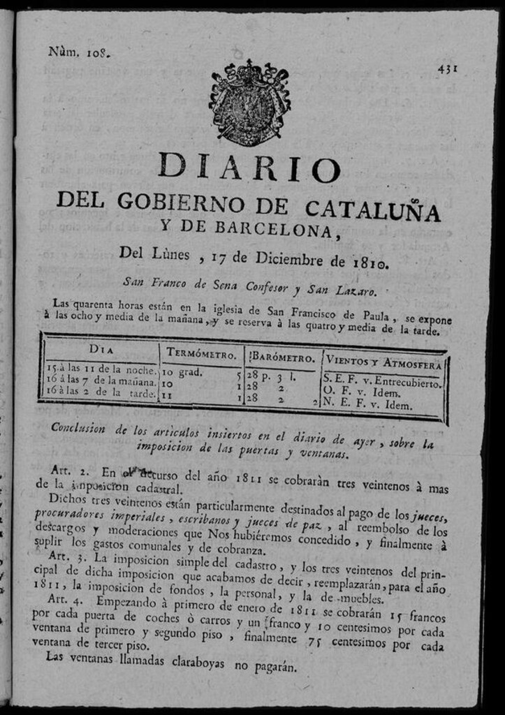 Miniatura de Diario de Barcelona del lunes 17 de diciembre de 1810
