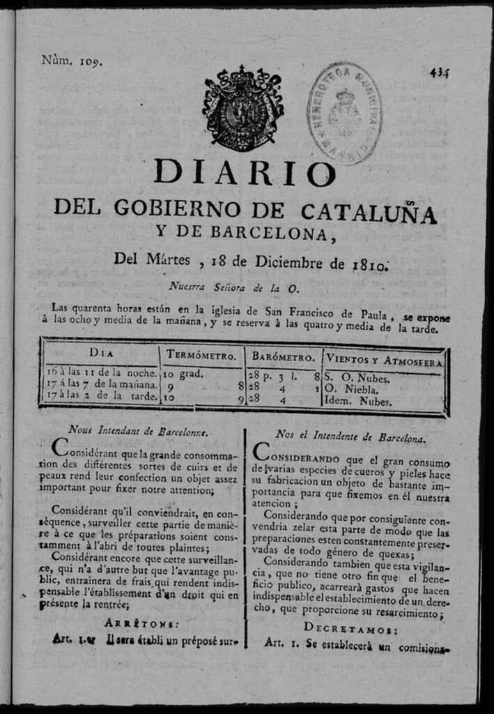 Miniatura de Diario de Barcelona del martes 18 de diciembre de 1810