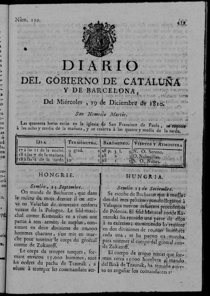 Miniatura de Diario de Barcelona del miércoles 19 de diciembre de 1810