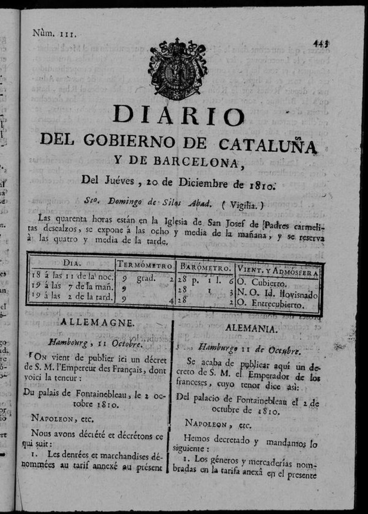 Miniatura de Diario de Barcelona del jueves 20 de diciembre de 1810