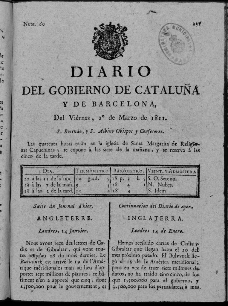 Miniatura de Diario de Barcelona del viernes 1 de marzo de 1811