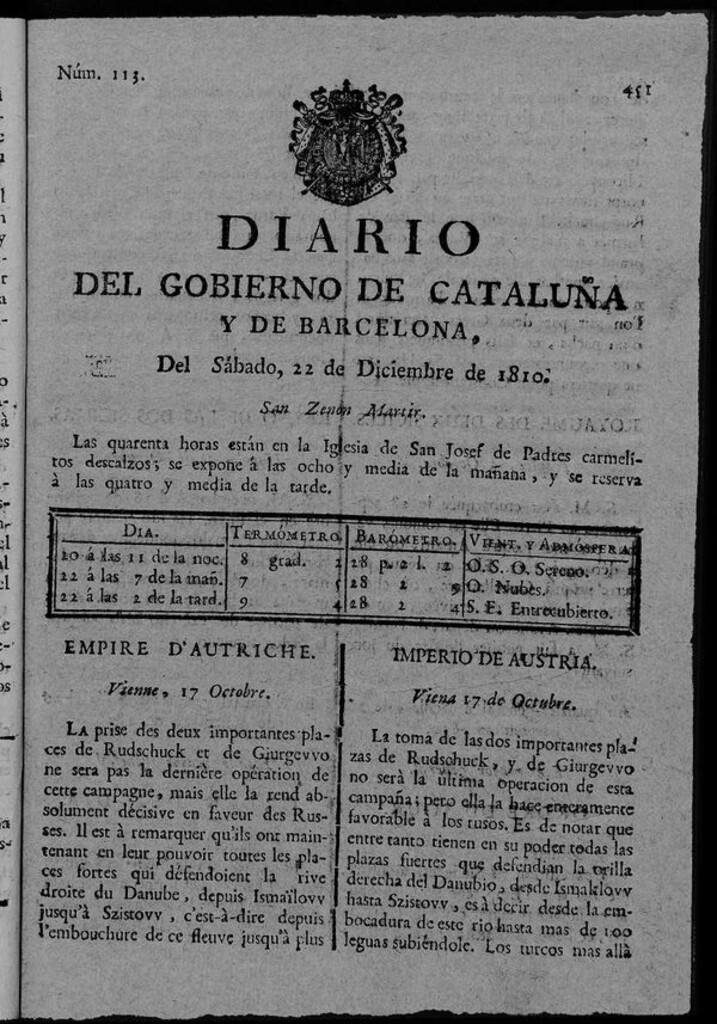 Miniatura de Diario de Barcelona del sábado 22 de diciembre de 1810