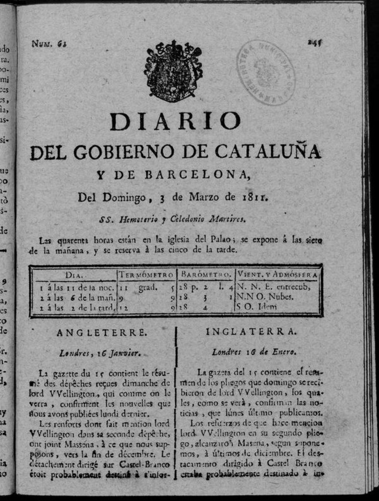 Miniatura de Diario de Barcelona del domingo 3 de marzo de 1811