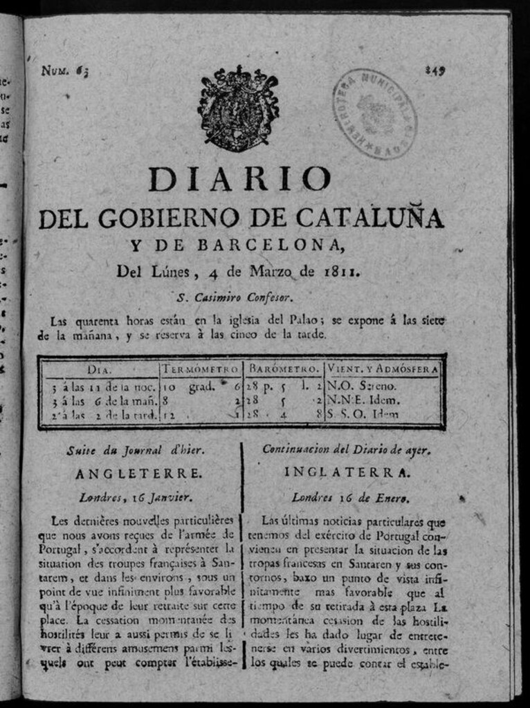 Miniatura de Diario de Barcelona del lunes 4 de marzo de 1811