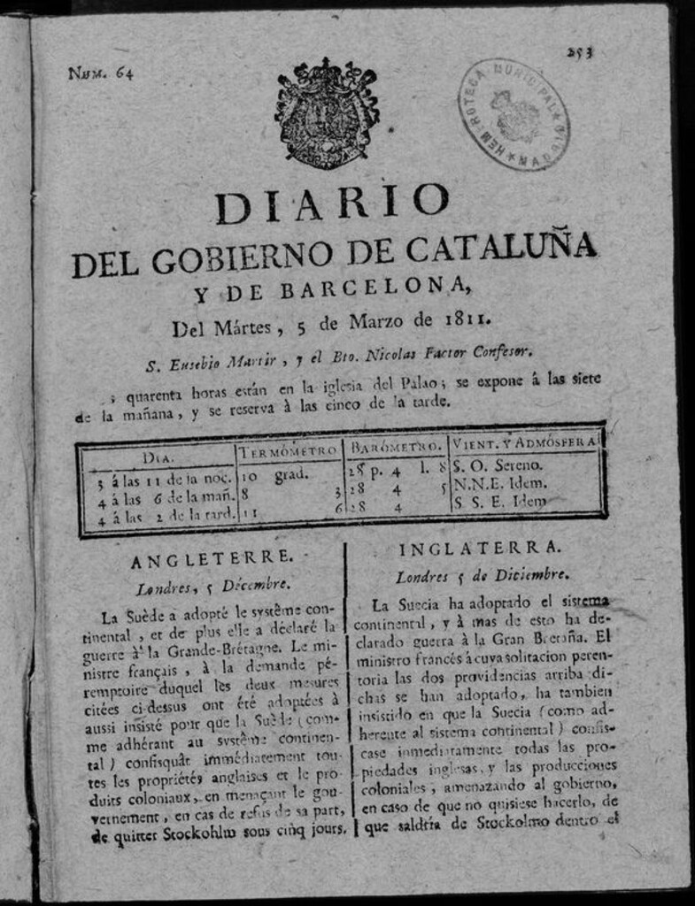 Miniatura de Diario de Barcelona del martes 5 de marzo de 1811