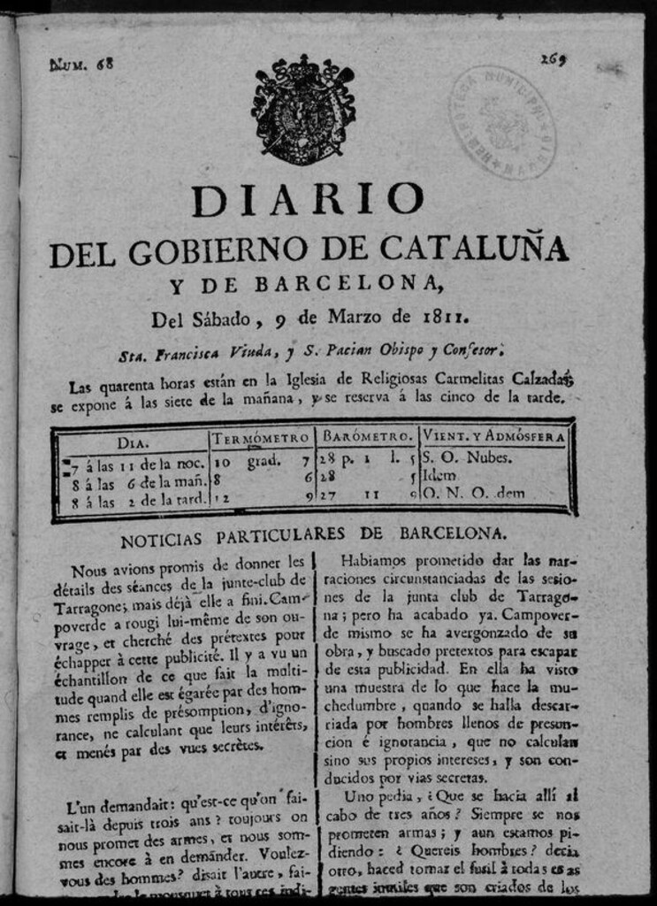 Miniatura de Diario de Barcelona del sábado 9 de marzo de 1811