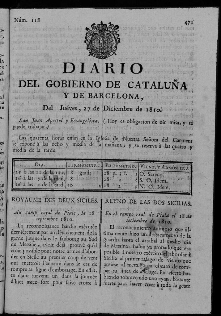 Miniatura de Diario de Barcelona del jueves 27 de diciembre de 1810
