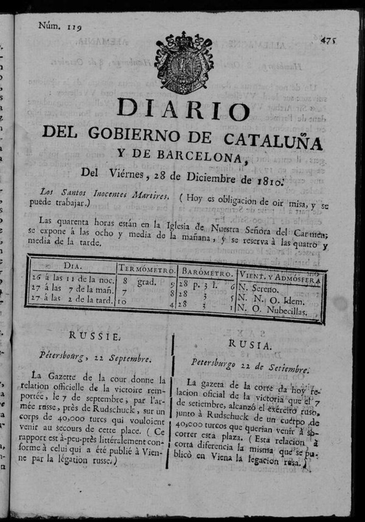 Miniatura de Diario de Barcelona del viernes 28 de diciembre de 1810