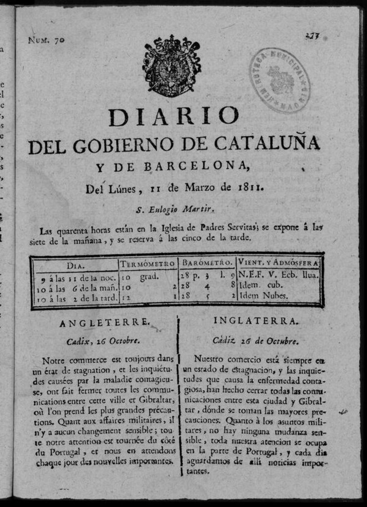 Miniatura de Diario de Barcelona del lunes 11 de marzo de 1811