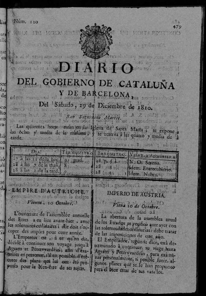 Miniatura de Diario de Barcelona del sábado 29 de diciembre de 1810