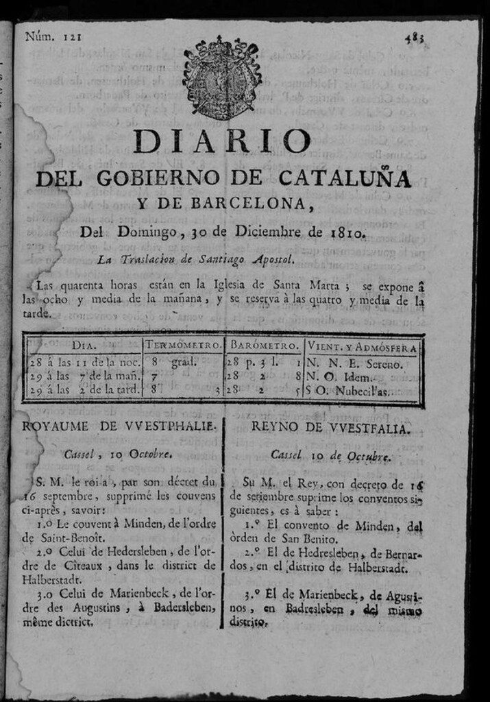 Miniatura de Diario de Barcelona del domingo 30 de diciembre de 1810
