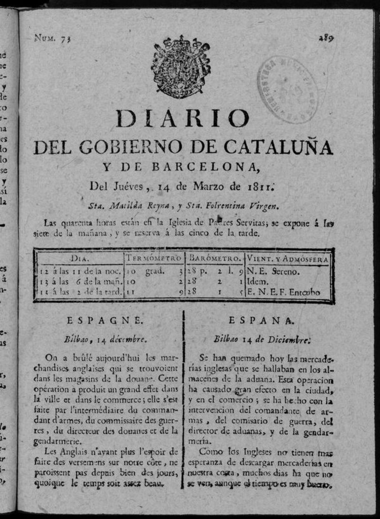Miniatura de Diario de Barcelona del jueves 14 de marzo de 1811