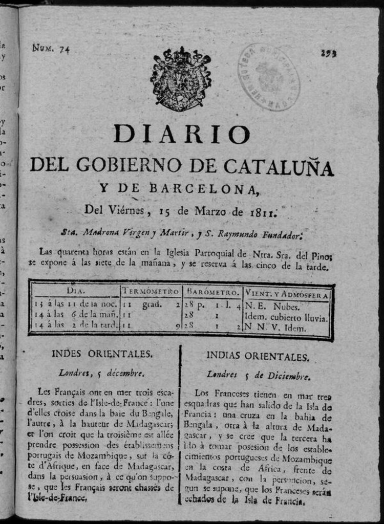Miniatura de Diario de Barcelona del viernes 15 de marzo de 1811