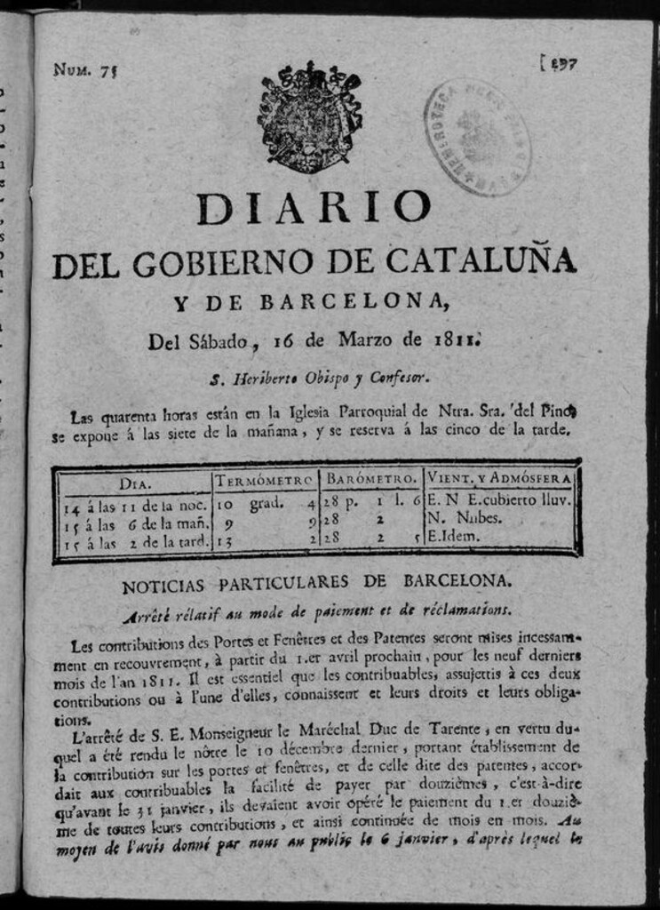 Miniatura de Diario de Barcelona del sábado 16 de marzo de 1811