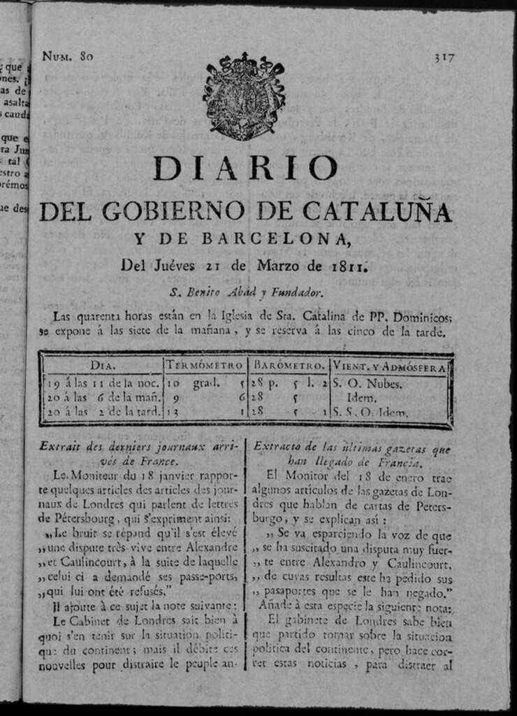 Miniatura de Diario de Barcelona del jueves 21 de marzo de 1811