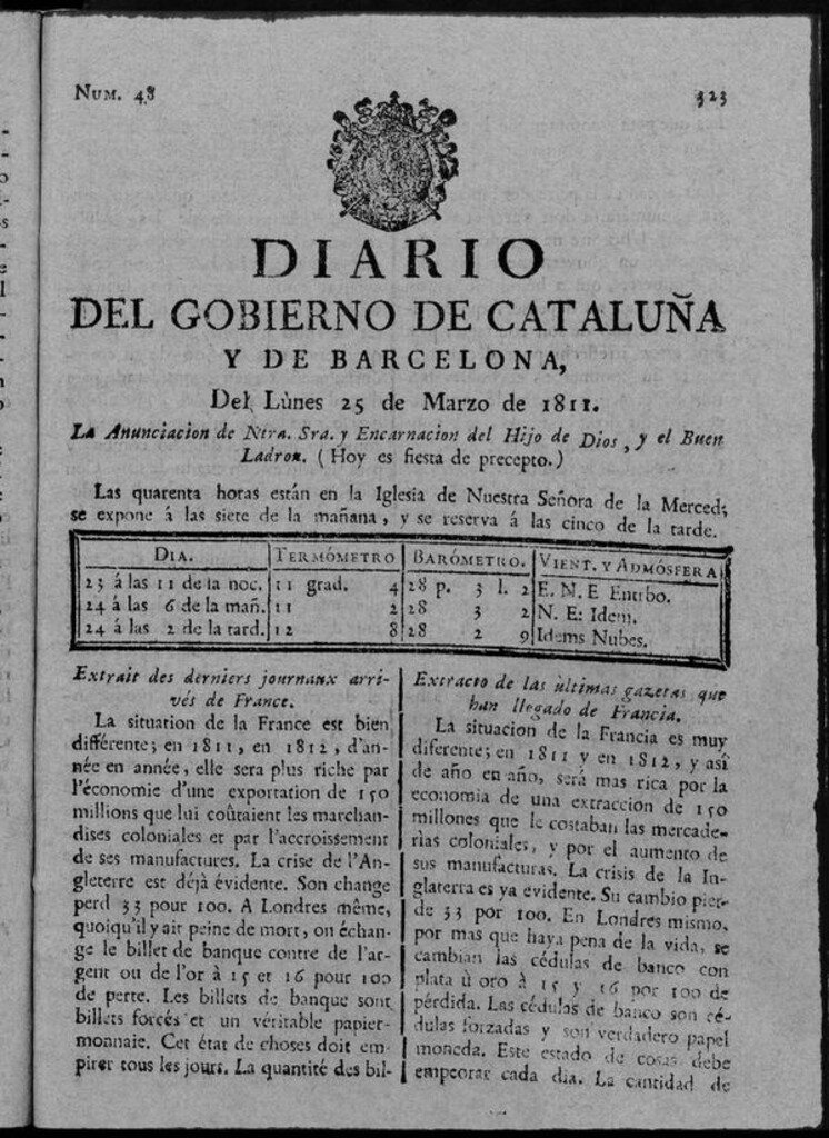 Miniatura de Diario de Barcelona del lunes 25 de marzo de 1811