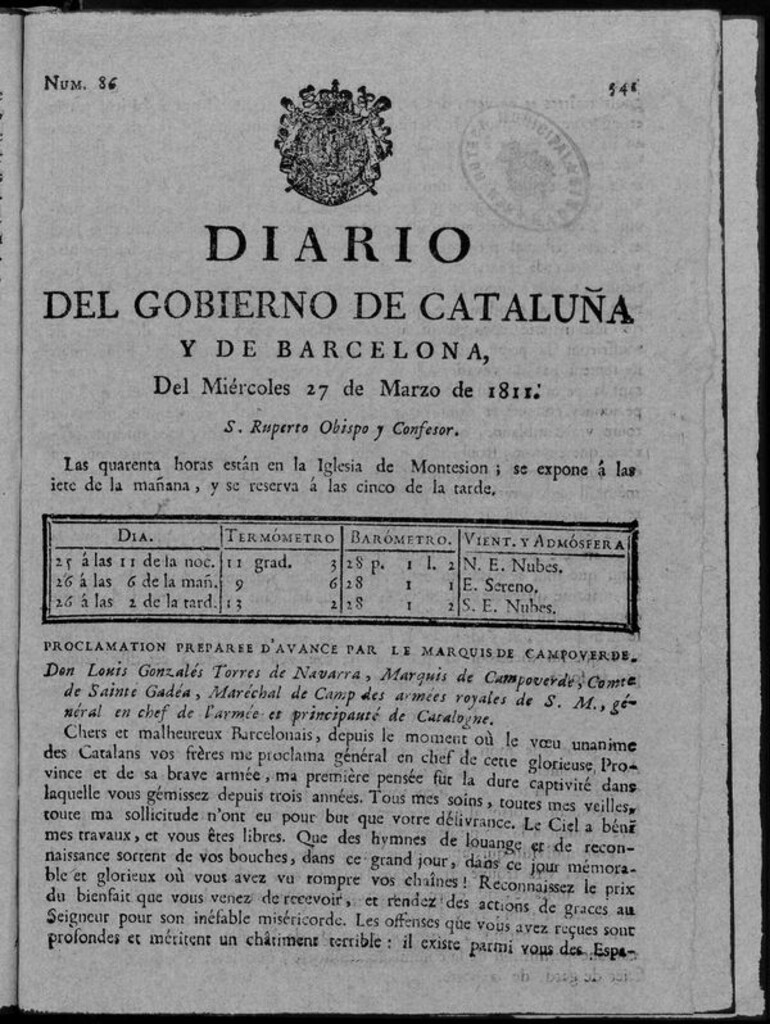 Miniatura de Diario de Barcelona del miércoles 27 de marzo de 1811