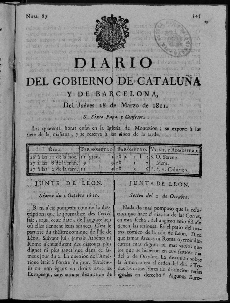 Miniatura de Diario de Barcelona del jueves 28 de marzo de 1811