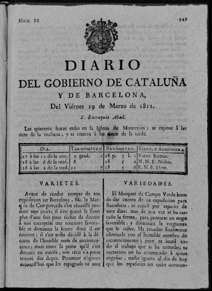 Miniatura de Diario de Barcelona del viernes 29 de marzo de 1811