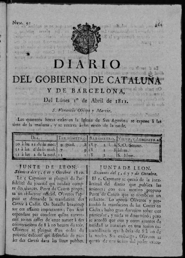 Miniatura de Diario de Barcelona del lunes 1 de abril de 1811