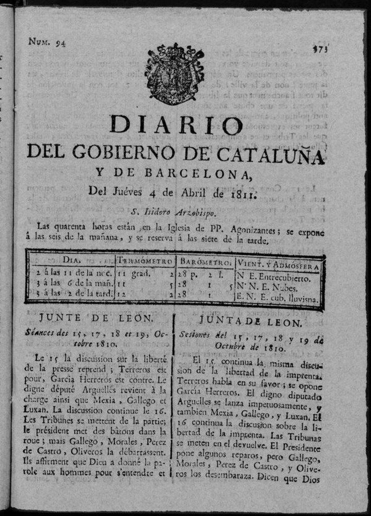 Miniatura de Diario de Barcelona del jueves 4 de abril de 1811