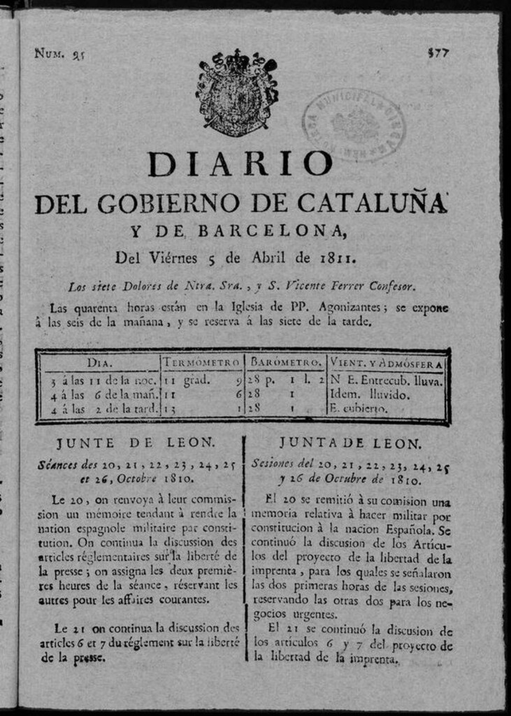 Miniatura de Diario de Barcelona del viernes 5 de abril de 1811