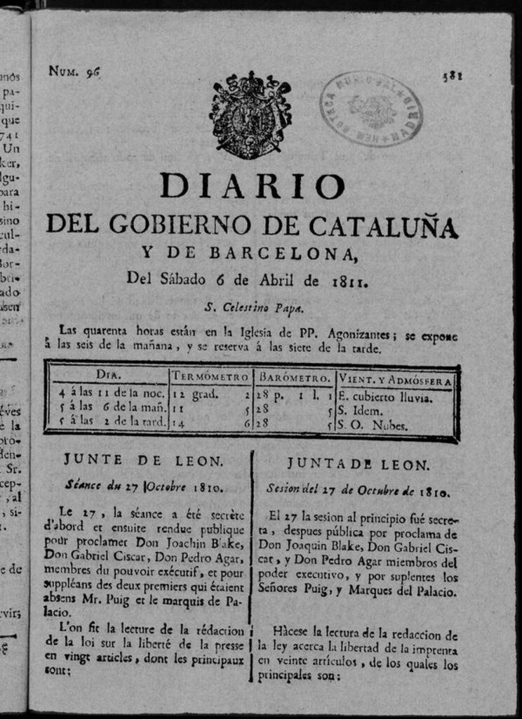 Miniatura de Diario de Barcelona del sábado 6 de abril de 1811